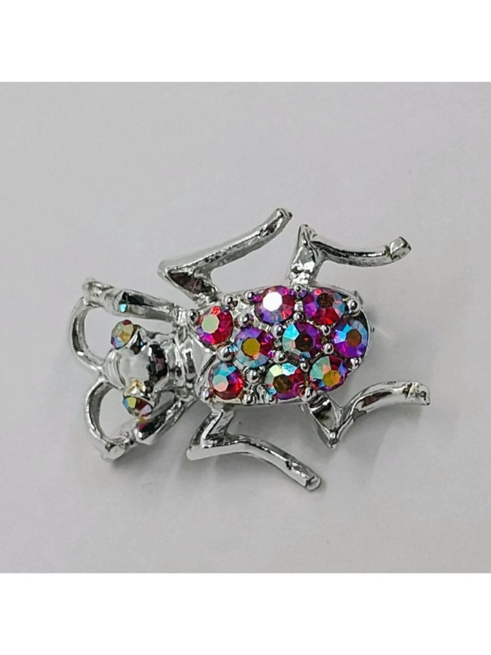 Red AB Rhinestone Beetle Bug Insect Brooch Pin 1 1/4" Silver Tone - Picture 2 of 4